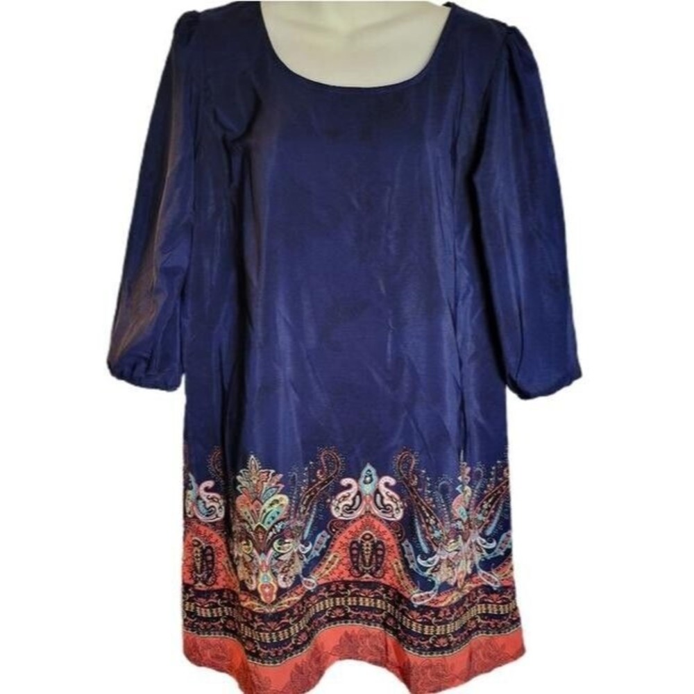 BeBop Blue Paisley Geometric Print 3/4 Sleeve Shift Sz Large Cocktail Dress boho